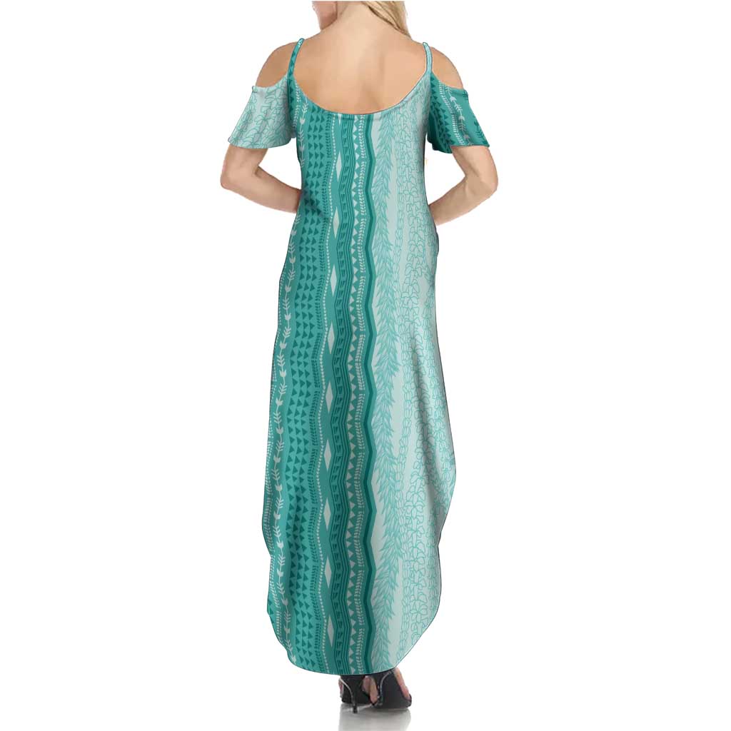 Vintage Teal Hawaiian Traditional Kapa Mix Flowers Lei Summer Maxi Dress