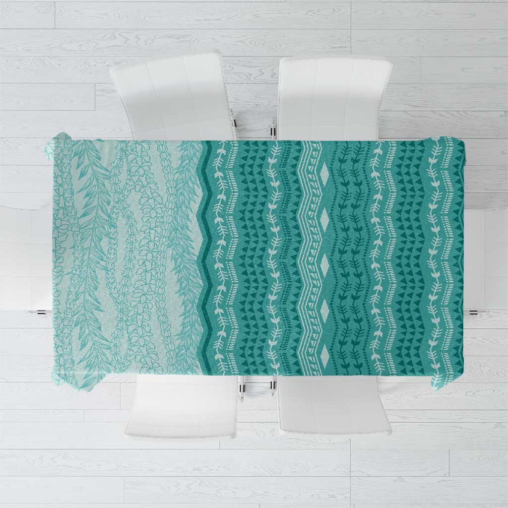 Vintage Teal Hawaiian Traditional Kapa Mix Flowers Lei Tablecloth