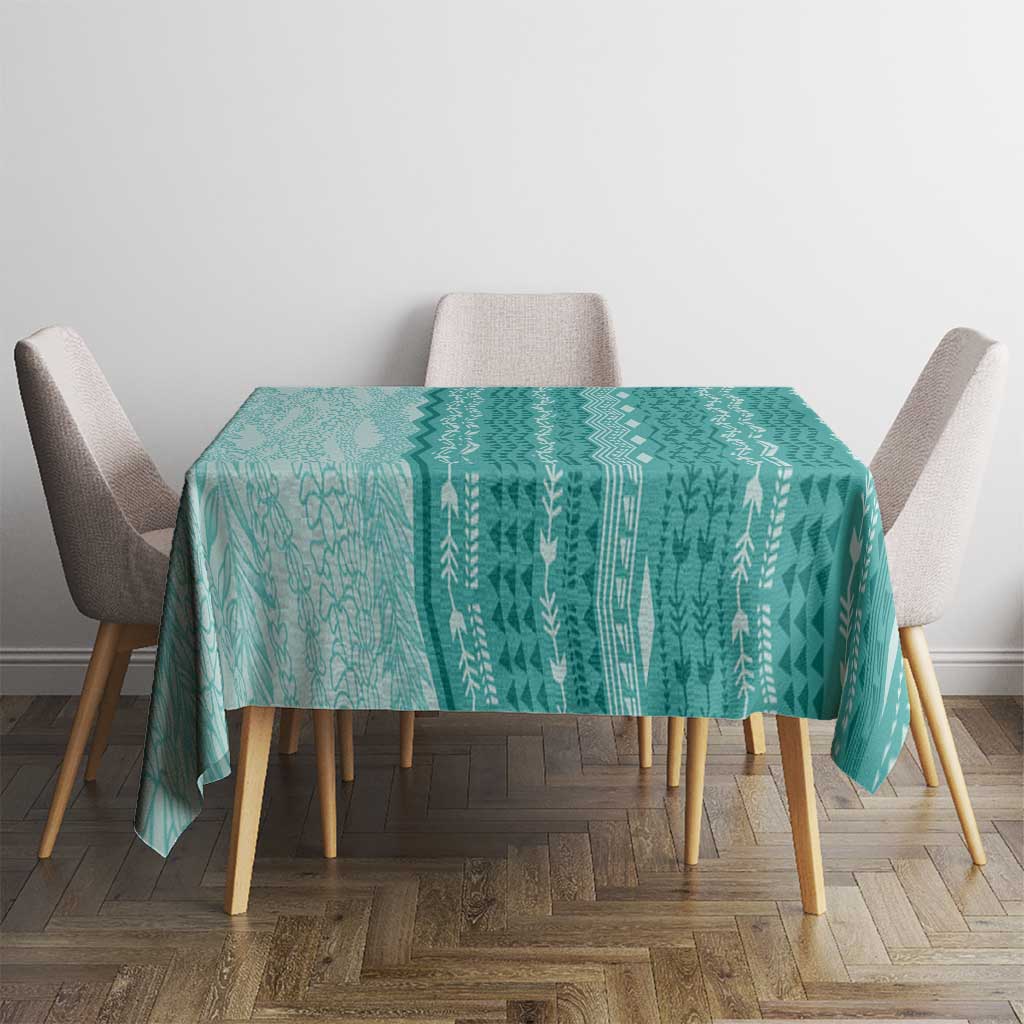 Vintage Teal Hawaiian Traditional Kapa Mix Flowers Lei Tablecloth