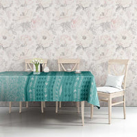 Vintage Teal Hawaiian Traditional Kapa Mix Flowers Lei Tablecloth