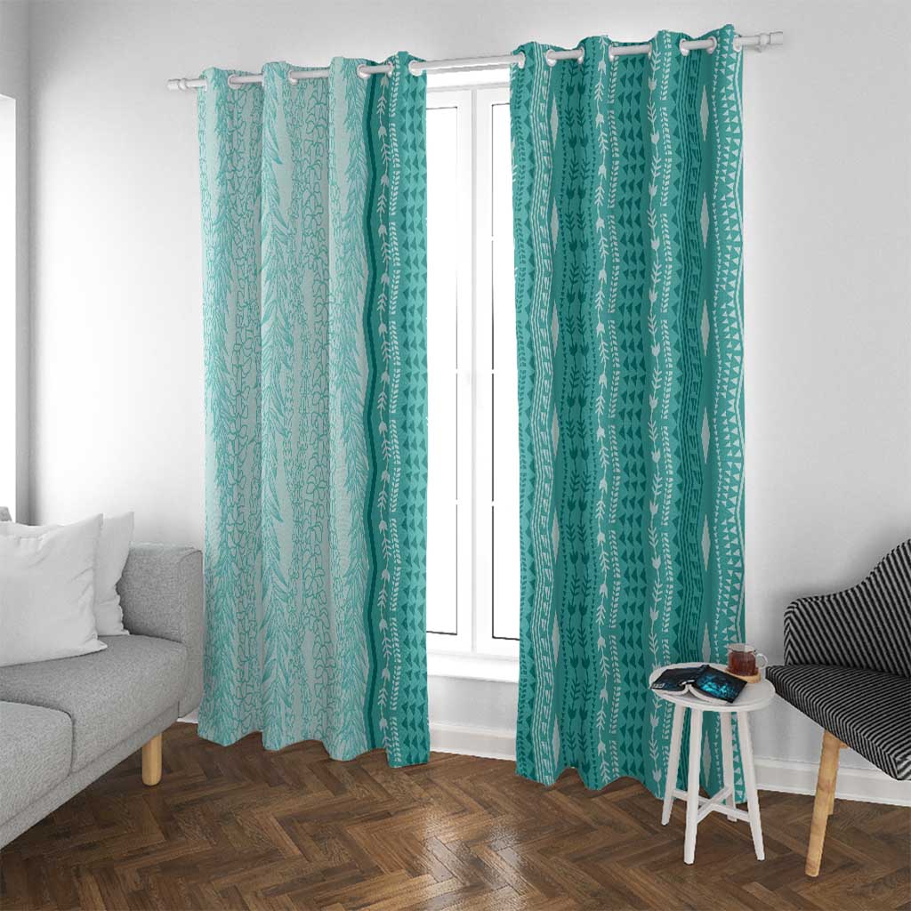 Vintage Teal Hawaiian Traditional Kapa Mix Flowers Lei Window Curtain