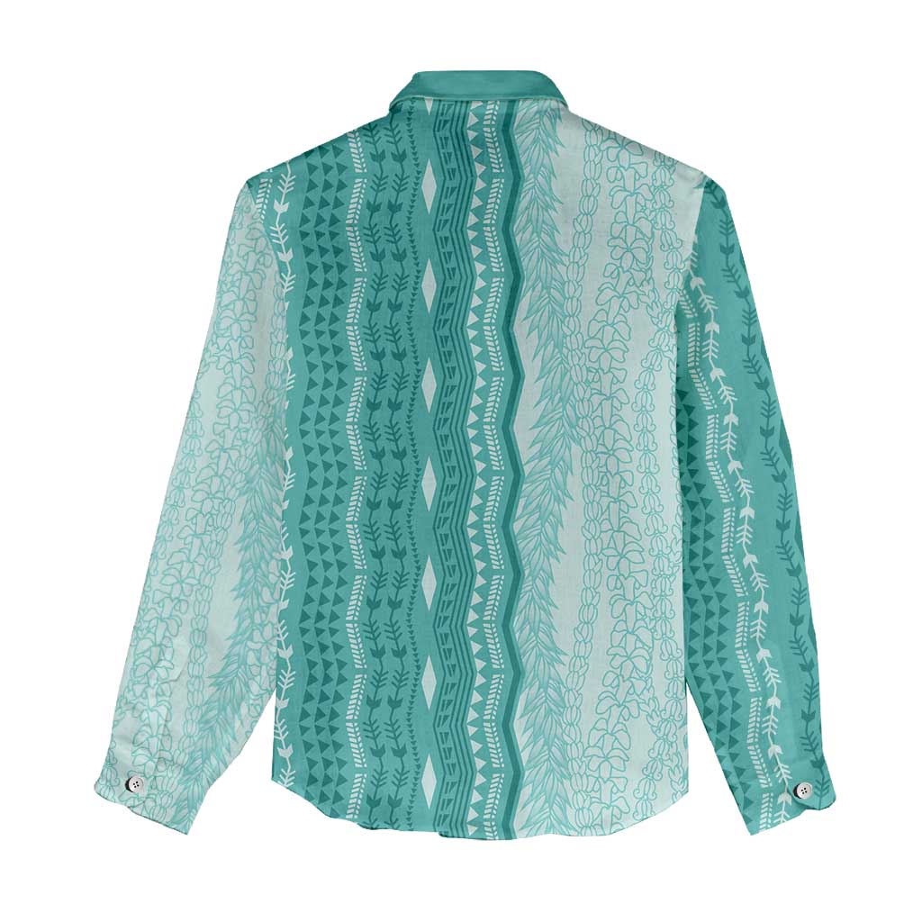 Vintage Teal Hawaiian Traditional Kapa Mix Flowers Lei Women Casual Shirt