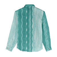 Vintage Teal Hawaiian Traditional Kapa Mix Flowers Lei Women Casual Shirt