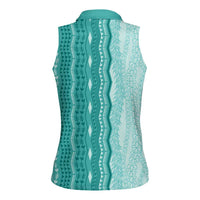 Vintage Teal Hawaiian Traditional Kapa Mix Flowers Lei Women Sleeveless Polo Shirt