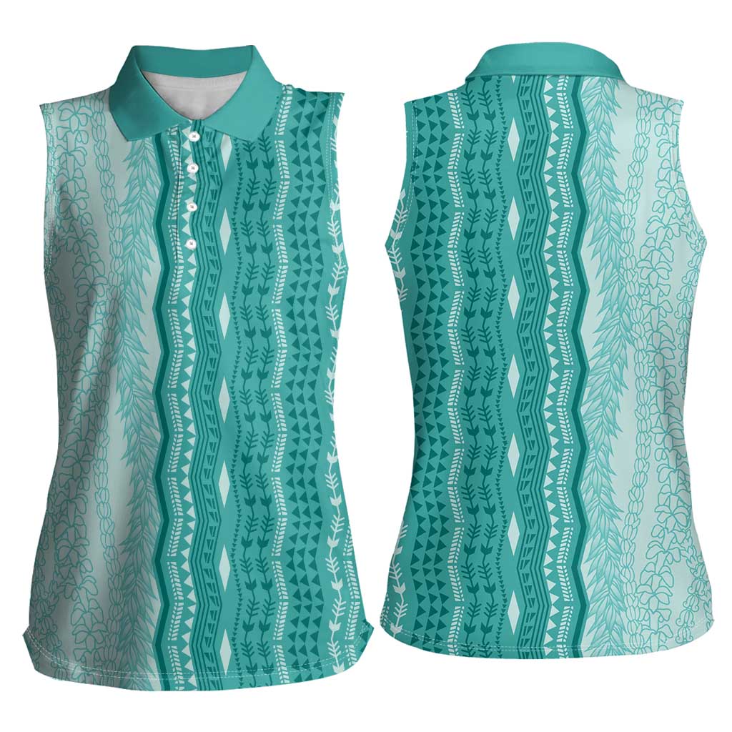 Vintage Teal Hawaiian Traditional Kapa Mix Flowers Lei Women Sleeveless Polo Shirt