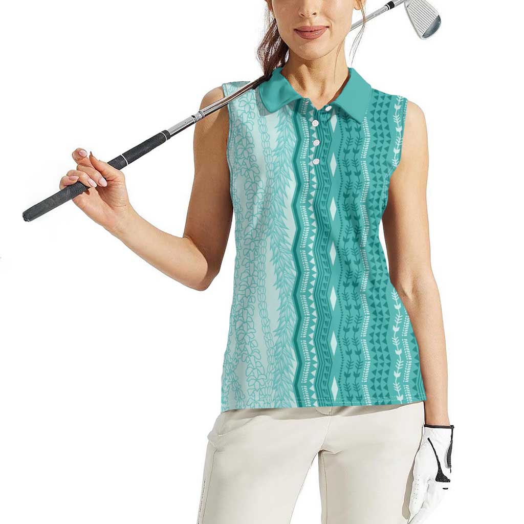 Vintage Teal Hawaiian Traditional Kapa Mix Flowers Lei Women Sleeveless Polo Shirt