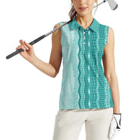 Vintage Teal Hawaiian Traditional Kapa Mix Flowers Lei Women Sleeveless Polo Shirt