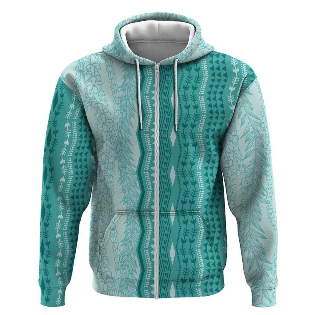 Vintage Teal Hawaiian Traditional Kapa Mix Flowers Lei Zip Hoodie
