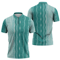 Vintage Teal Hawaiian Traditional Kapa Mix Flowers Lei Zipper Polo Shirt