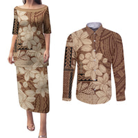 Samoa Women's Day Couples Matching Puletasi and Long Sleeve Button Shirt Tiale Flower Mix Siapo Tapa LT7 Beige - Polynesian Pride