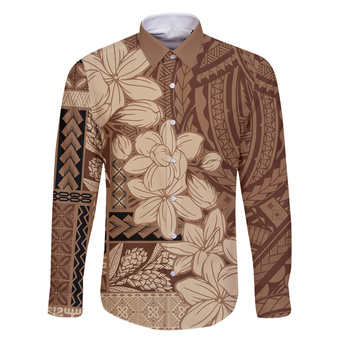 Samoa Women's Day Family Matching Long Sleeve Bodycon Dress and Hawaiian Shirt Tiale Flower Mix Siapo Tapa LT7 Dad's Shirt - Long Sleeve Beige - Polynesian Pride