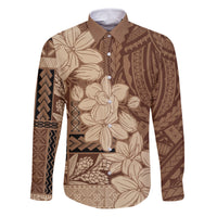 Samoa Women's Day Family Matching Off Shoulder Short Dress and Hawaiian Shirt Tiale Flower Mix Siapo Tapa LT7 Dad's Shirt - Long Sleeve Beige - Polynesian Pride