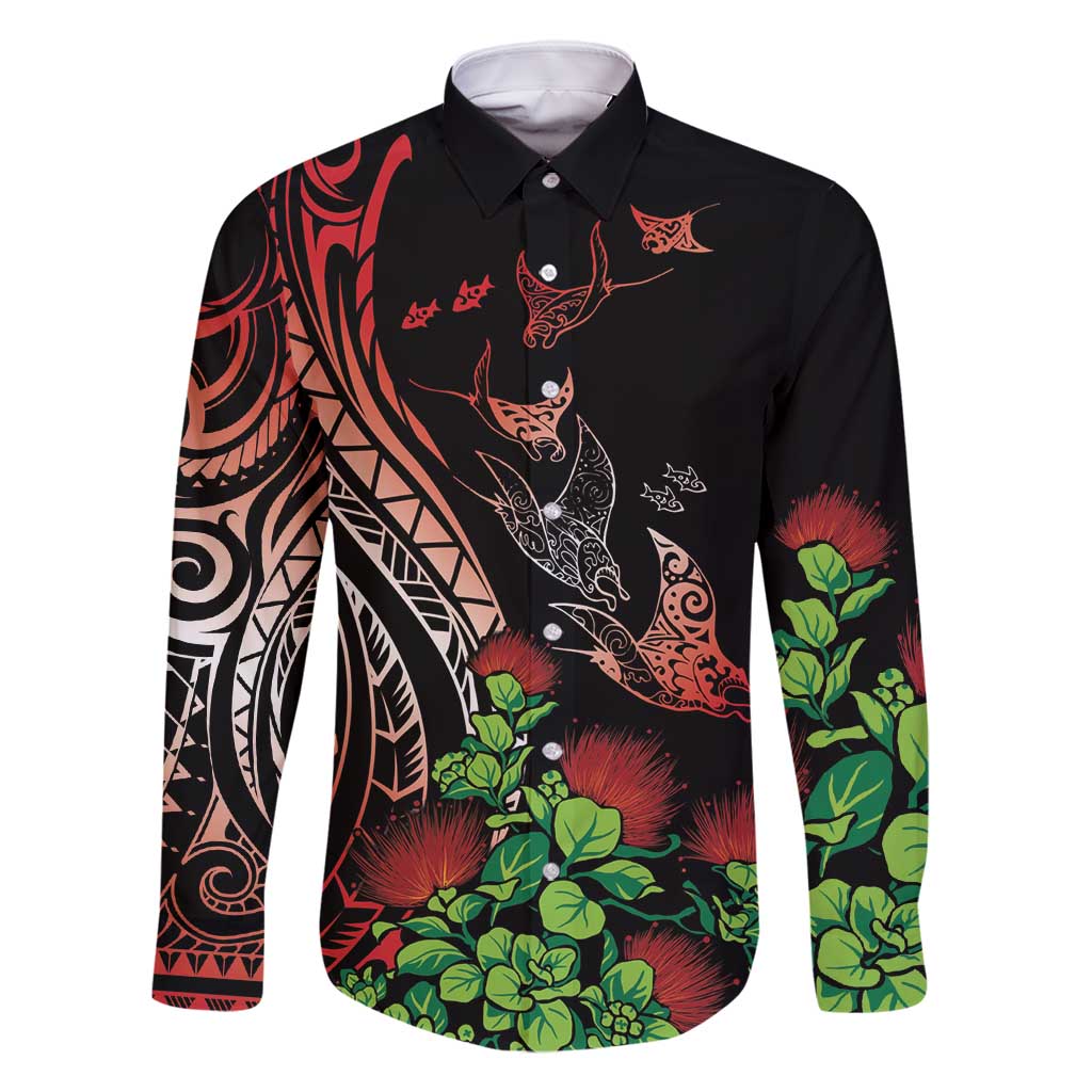 Aloha Hawaii Manta Rays Family Matching Long Sleeve Bodycon Dress and Hawaiian Shirt Red Ohia Lehua LT7 Dad's Shirt - Long Sleeve Red - Polynesian Pride