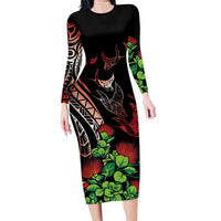 Aloha Hawaii Manta Rays Family Matching Long Sleeve Bodycon Dress and Hawaiian Shirt Red Ohia Lehua LT7 Mom's Dress Red - Polynesian Pride