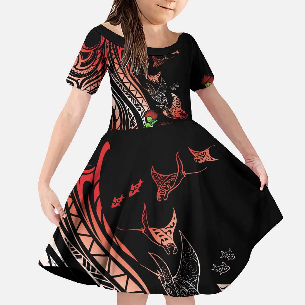 Aloha Hawaii Manta Rays Family Matching Mermaid Dress and Hawaiian Shirt Red Ohia Lehua LT7 Daughter's Dress Red - Polynesian Pride