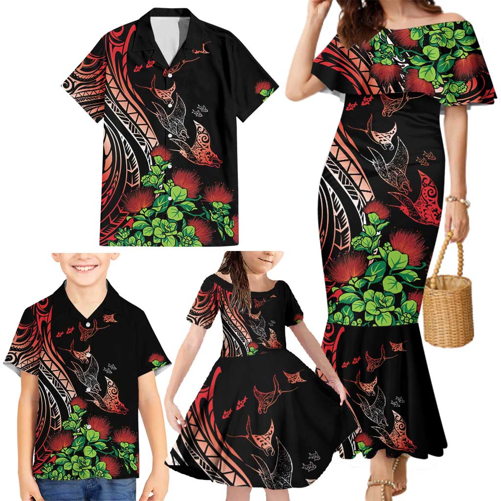 Aloha Hawaii Manta Rays Family Matching Mermaid Dress and Hawaiian Shirt Red Ohia Lehua LT7 - Polynesian Pride
