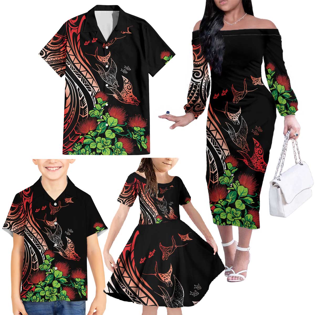 Aloha Hawaii Manta Rays Family Matching Off The Shoulder Long Sleeve Dress and Hawaiian Shirt Red Ohia Lehua LT7 - Polynesian Pride