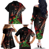 Aloha Hawaii Manta Rays Family Matching Off The Shoulder Long Sleeve Dress and Hawaiian Shirt Red Ohia Lehua LT7 - Polynesian Pride