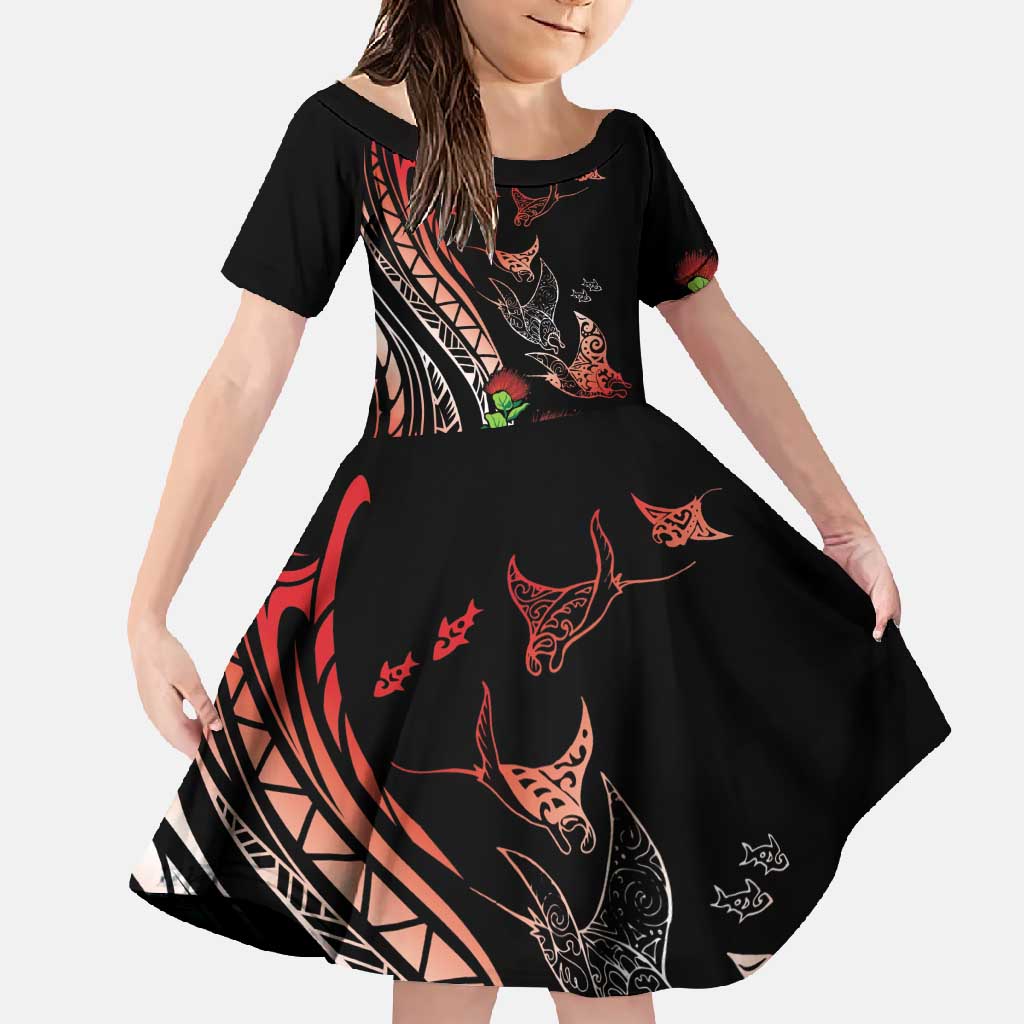 Aloha Hawaii Manta Rays Family Matching Off Shoulder Maxi Dress and Hawaiian Shirt Red Ohia Lehua LT7 Daughter's Dress Red - Polynesian Pride