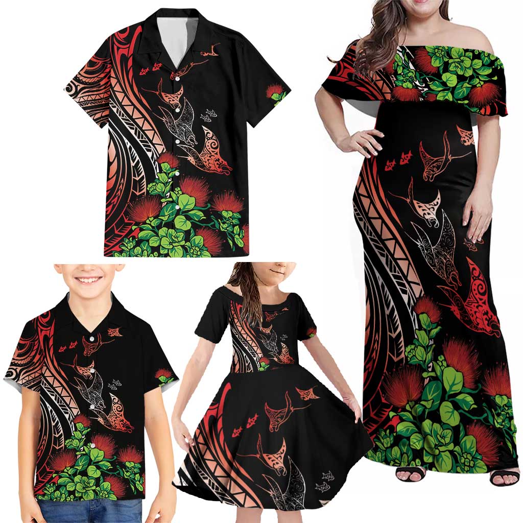 Aloha Hawaii Manta Rays Family Matching Off Shoulder Maxi Dress and Hawaiian Shirt Red Ohia Lehua LT7 - Polynesian Pride