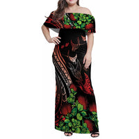 Aloha Hawaii Manta Rays Family Matching Off Shoulder Maxi Dress and Hawaiian Shirt Red Ohia Lehua LT7 Mom's Dress Red - Polynesian Pride
