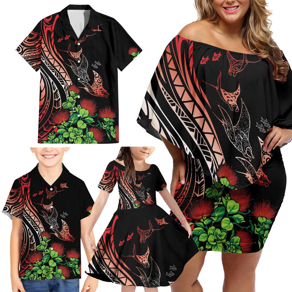Aloha Hawaii Manta Rays Family Matching Off Shoulder Short Dress and Hawaiian Shirt Red Ohia Lehua LT7 - Polynesian Pride