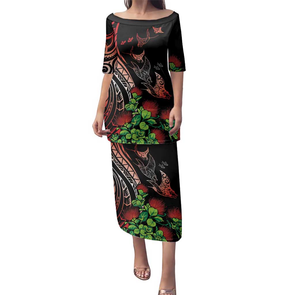 Aloha Hawaii Manta Rays Family Matching Puletasi and Hawaiian Shirt Red Ohia Lehua