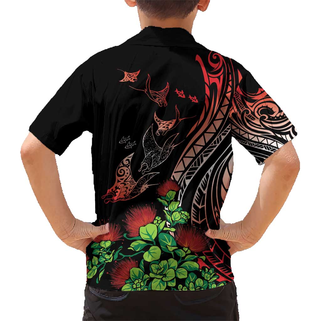 Aloha Hawaii Manta Rays Family Matching Short Sleeve Bodycon Dress and Hawaiian Shirt Red Ohia Lehua LT7 - Polynesian Pride