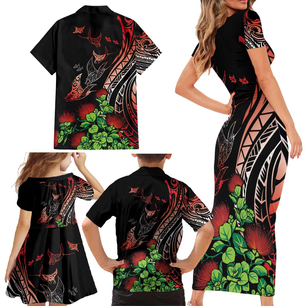 Aloha Hawaii Manta Rays Family Matching Short Sleeve Bodycon Dress and Hawaiian Shirt Red Ohia Lehua LT7 - Polynesian Pride