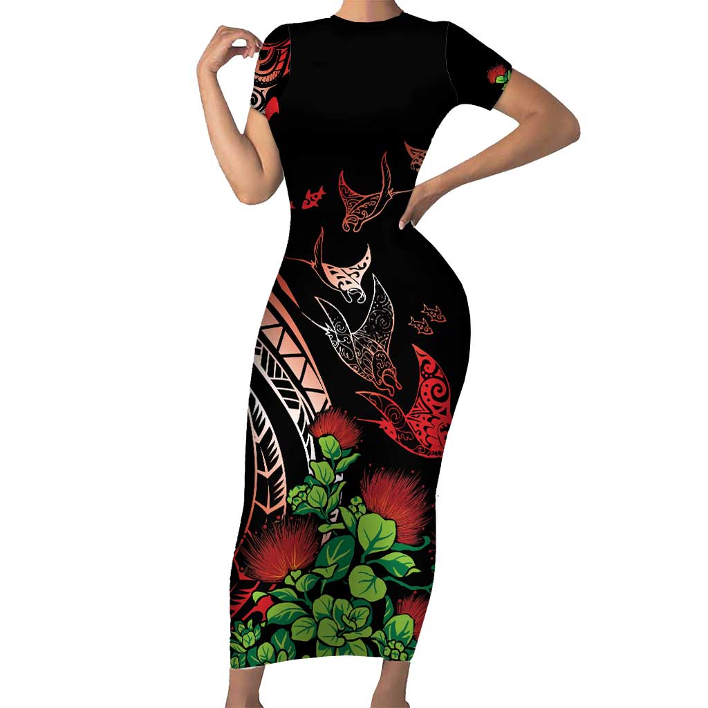 Aloha Hawaii Manta Rays Family Matching Short Sleeve Bodycon Dress and Hawaiian Shirt Red Ohia Lehua LT7 Mom's Dress Red - Polynesian Pride