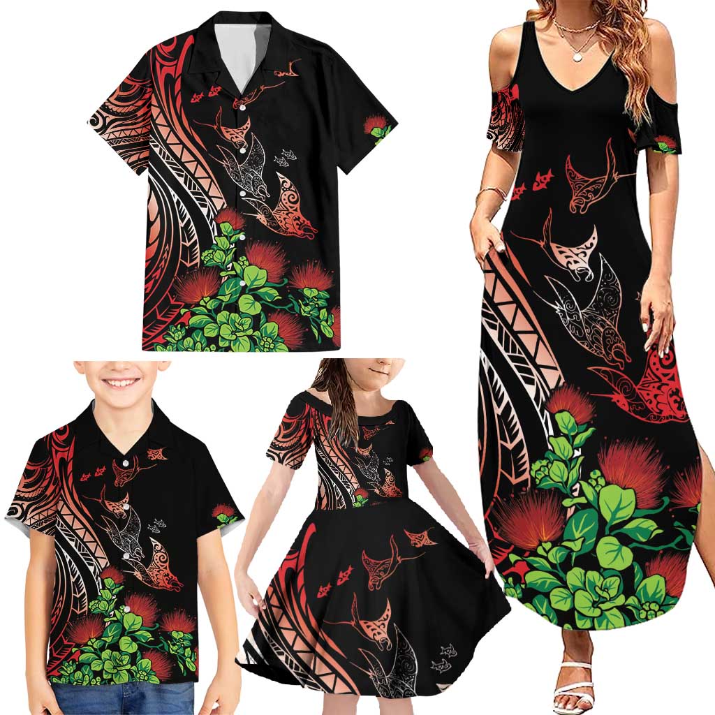 Aloha Hawaii Manta Rays Family Matching Summer Maxi Dress and Hawaiian Shirt Red Ohia Lehua LT7 - Polynesian Pride
