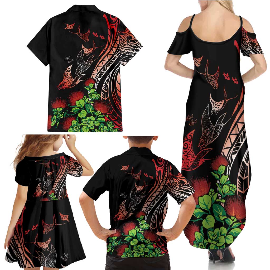 Aloha Hawaii Manta Rays Family Matching Summer Maxi Dress and Hawaiian Shirt Red Ohia Lehua LT7 - Polynesian Pride