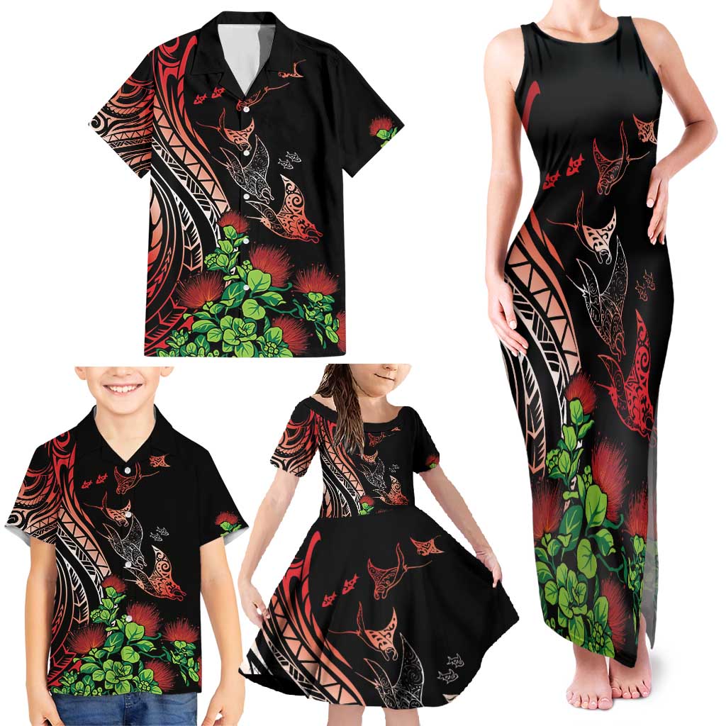 Aloha Hawaii Manta Rays Family Matching Tank Maxi Dress and Hawaiian Shirt Red Ohia Lehua LT7 - Polynesian Pride