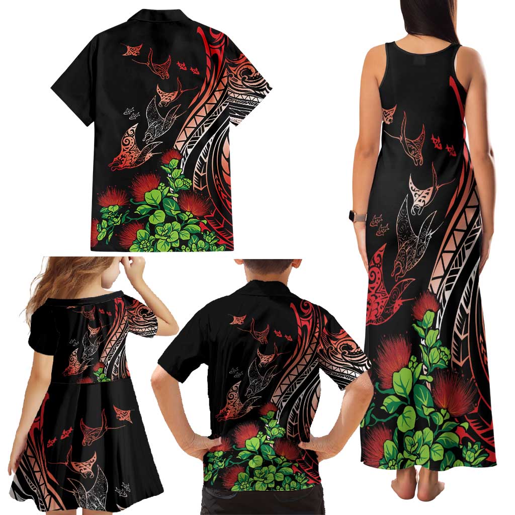 Aloha Hawaii Manta Rays Family Matching Tank Maxi Dress and Hawaiian Shirt Red Ohia Lehua LT7 - Polynesian Pride