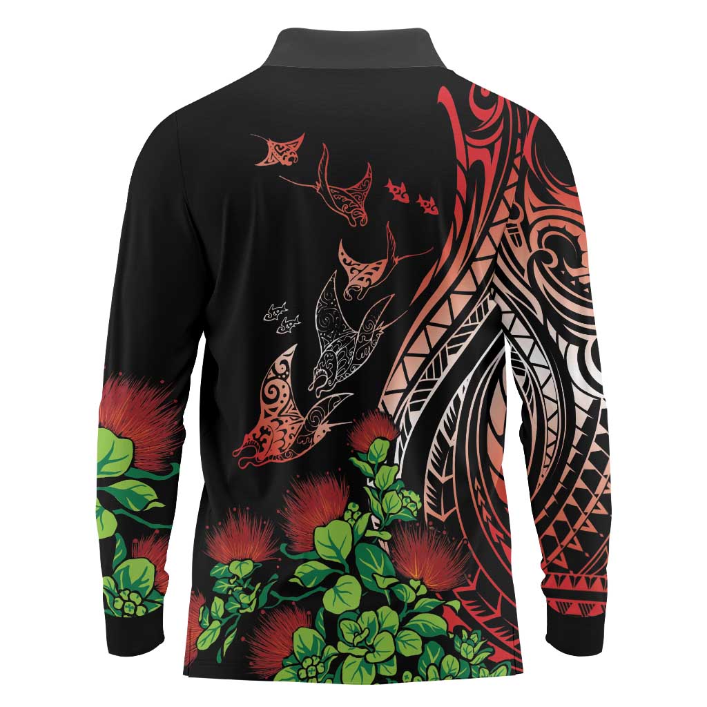Aloha Hawaii Manta Rays Long Sleeve Polo Shirt Red Ohia Lehua