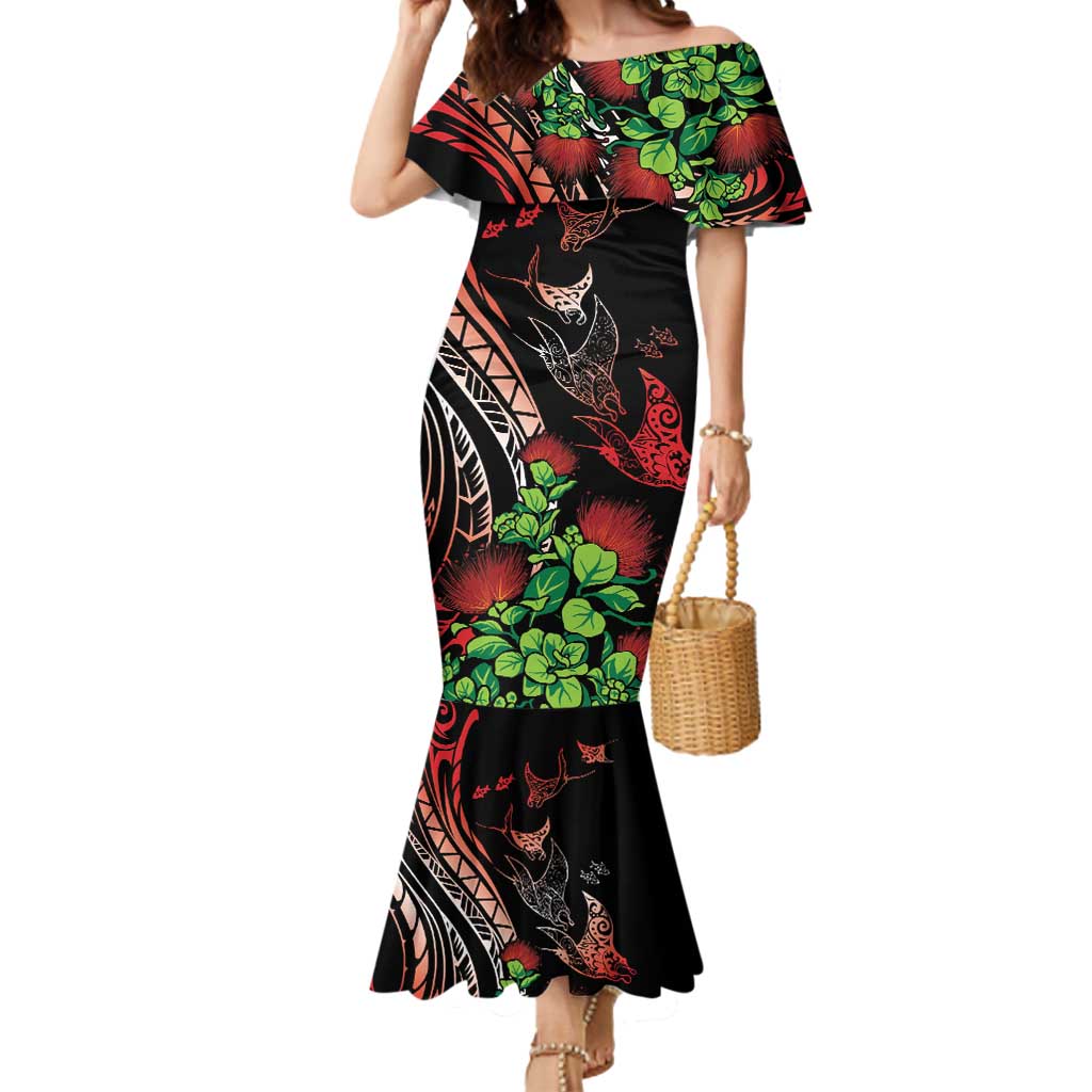 Aloha Hawaii Manta Rays Mermaid Dress Red Ohia Lehua