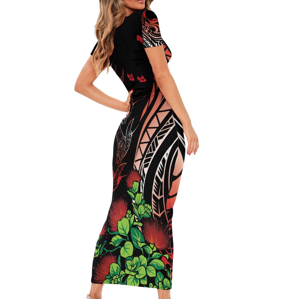 Aloha Hawaii Manta Rays Short Sleeve Bodycon Dress Red Ohia Lehua