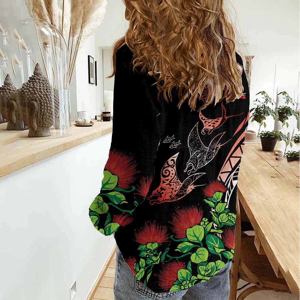 Aloha Hawaii Manta Rays Women Casual Shirt Red Ohia Lehua