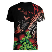 Aloha Hawaii Manta Rays Women V-Neck T-Shirt Red Ohia Lehua