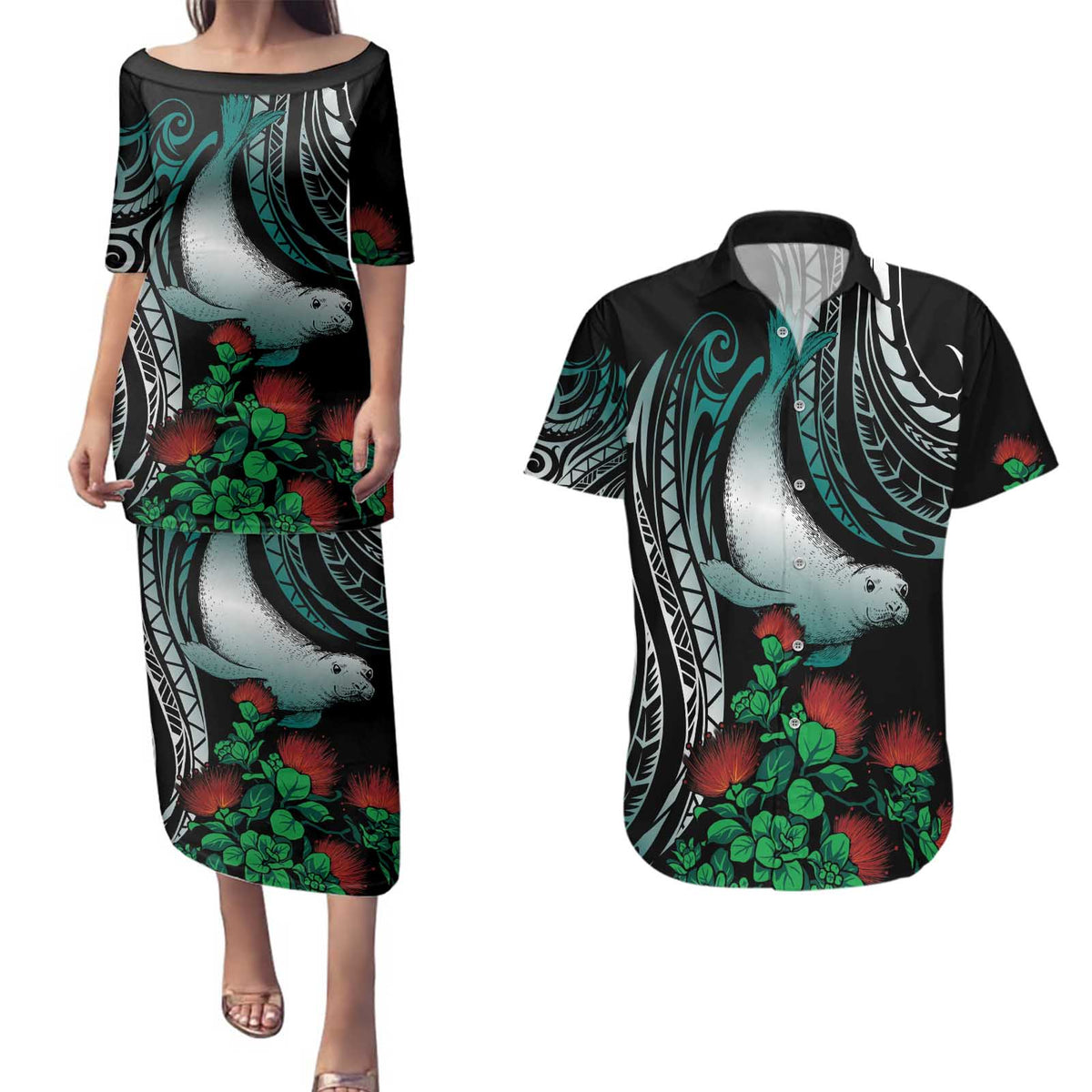 Aloha Hawaii Monk Seal Couples Matching Puletasi and Hawaiian Shirt Mix Ohia Lehua