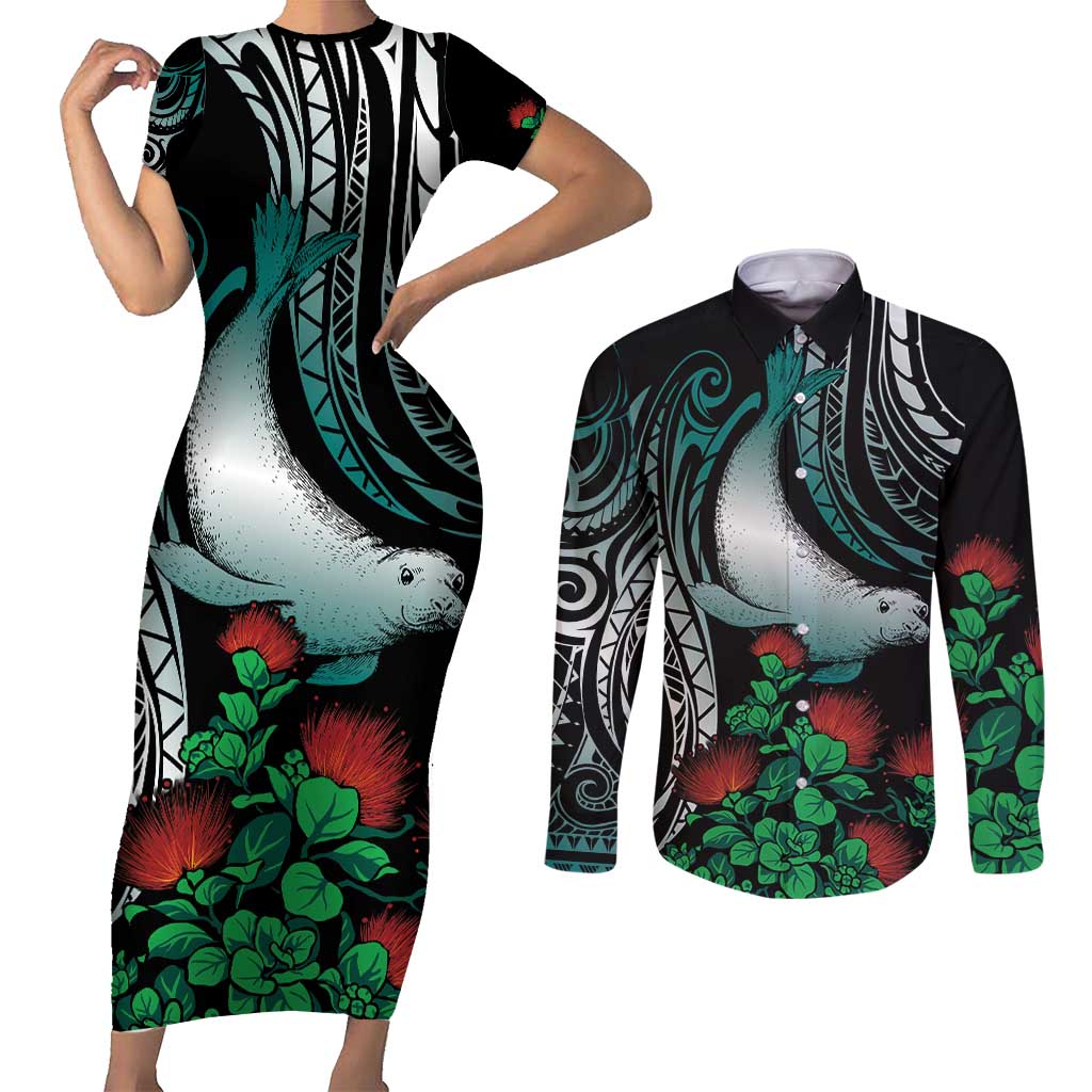 Aloha Hawaii Monk Seal Couples Matching Short Sleeve Bodycon Dress and Long Sleeve Button Shirt Mix Ohia Lehua LT7 Teal - Polynesian Pride