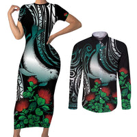 Aloha Hawaii Monk Seal Couples Matching Short Sleeve Bodycon Dress and Long Sleeve Button Shirt Mix Ohia Lehua LT7 Teal - Polynesian Pride