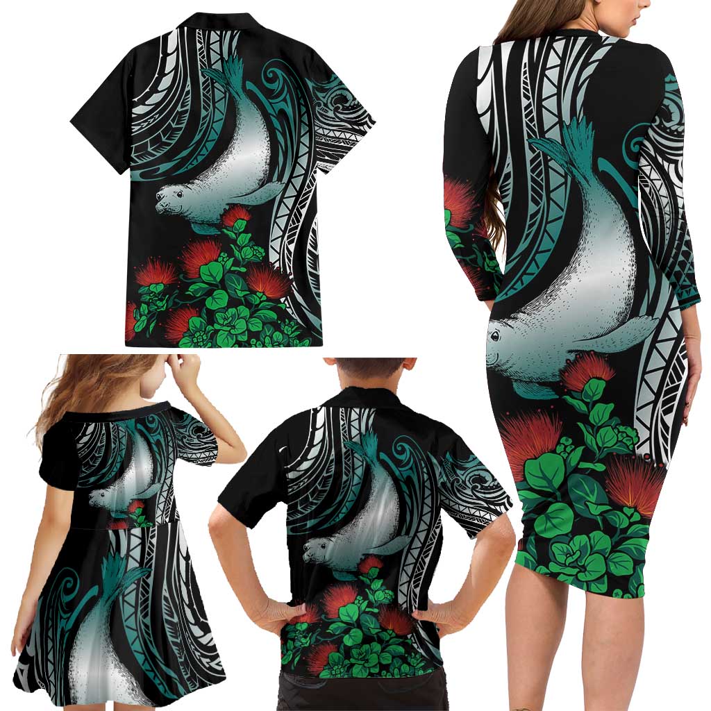 Aloha Hawaii Monk Seal Family Matching Long Sleeve Bodycon Dress and Hawaiian Shirt Mix Ohia Lehua LT7 - Polynesian Pride