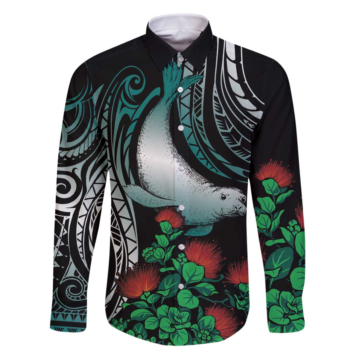 Aloha Hawaii Monk Seal Family Matching Off The Shoulder Long Sleeve Dress and Hawaiian Shirt Mix Ohia Lehua LT7 Dad's Shirt - Long Sleeve Teal - Polynesian Pride