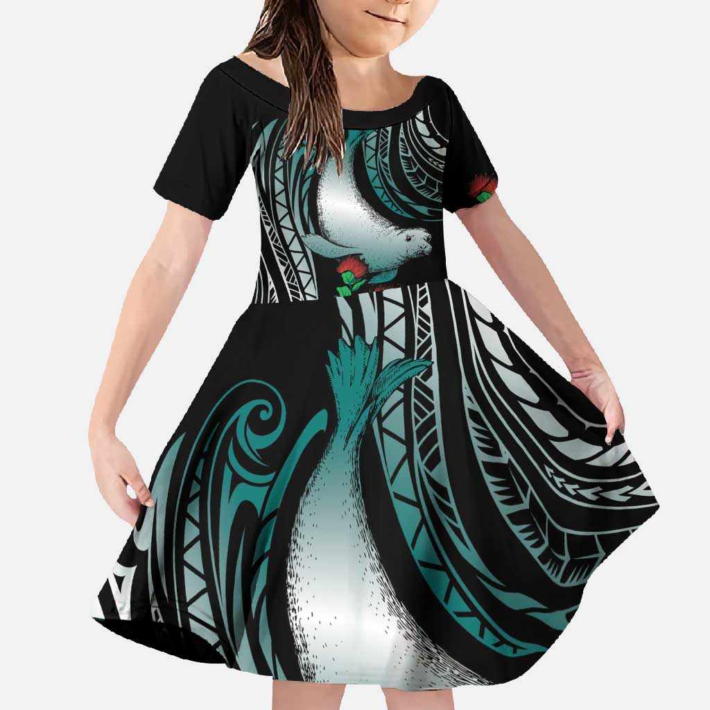 Aloha Hawaii Monk Seal Family Matching Off Shoulder Maxi Dress and Hawaiian Shirt Mix Ohia Lehua LT7 Daughter's Dress Teal - Polynesian Pride