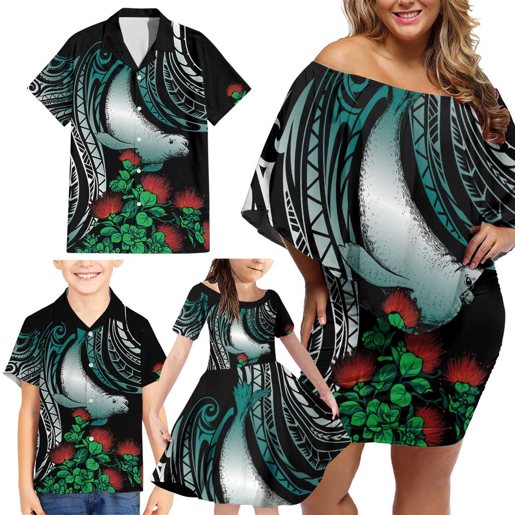 Aloha Hawaii Monk Seal Family Matching Off Shoulder Short Dress and Hawaiian Shirt Mix Ohia Lehua LT7 - Polynesian Pride