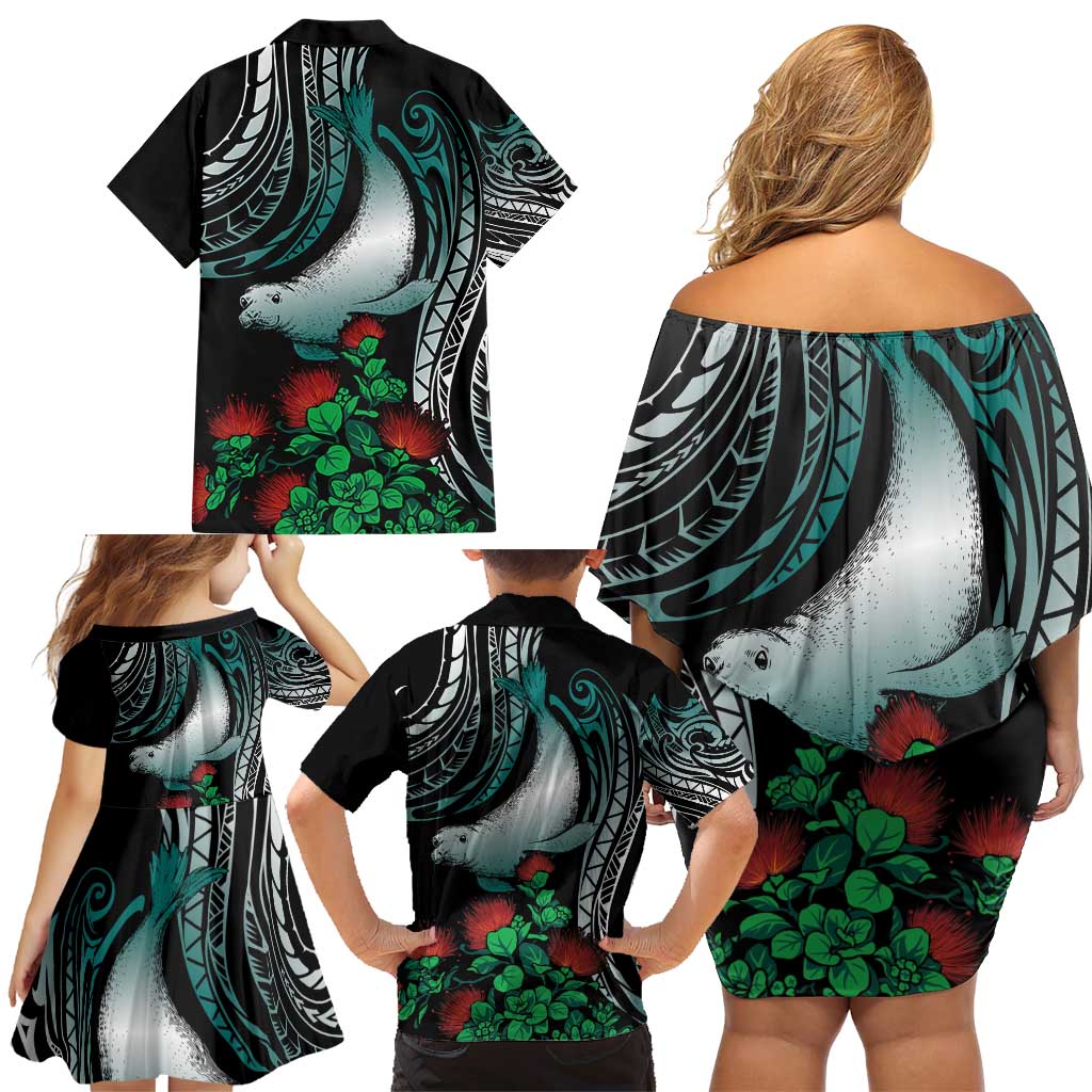 Aloha Hawaii Monk Seal Family Matching Off Shoulder Short Dress and Hawaiian Shirt Mix Ohia Lehua LT7 - Polynesian Pride