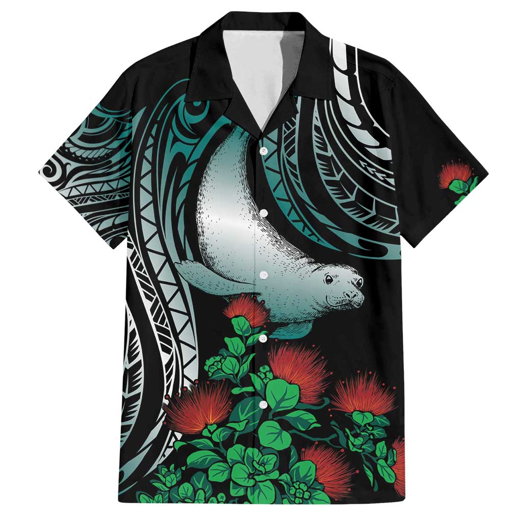 Aloha Hawaii Monk Seal Family Matching Off Shoulder Short Dress and Hawaiian Shirt Mix Ohia Lehua LT7 Dad's Shirt - Short Sleeve Teal - Polynesian Pride
