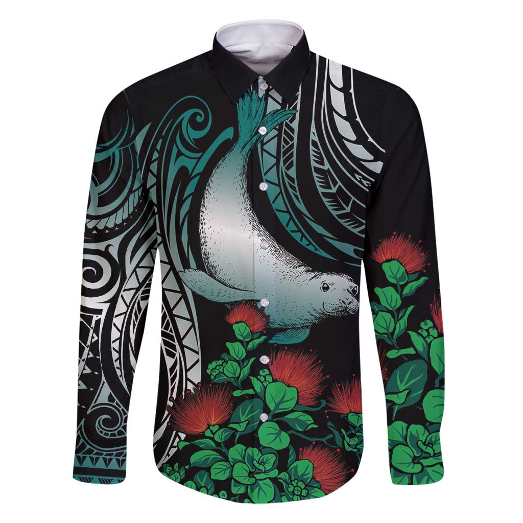 Aloha Hawaii Monk Seal Family Matching Off Shoulder Short Dress and Hawaiian Shirt Mix Ohia Lehua LT7 Dad's Shirt - Long Sleeve Teal - Polynesian Pride