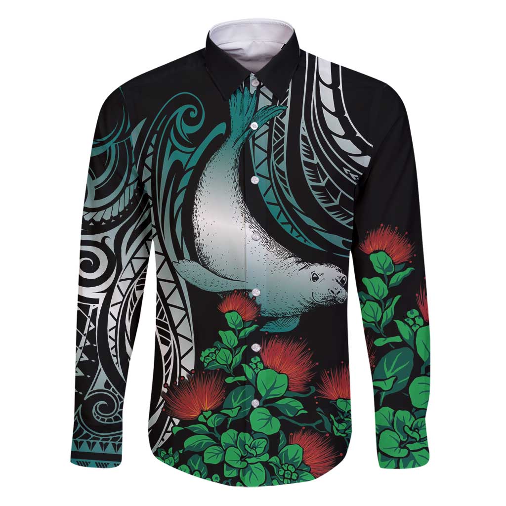 Aloha Hawaii Monk Seal Family Matching Puletasi and Hawaiian Shirt Mix Ohia Lehua LT7 Dad's Shirt - Long Sleeve Teal - Polynesian Pride